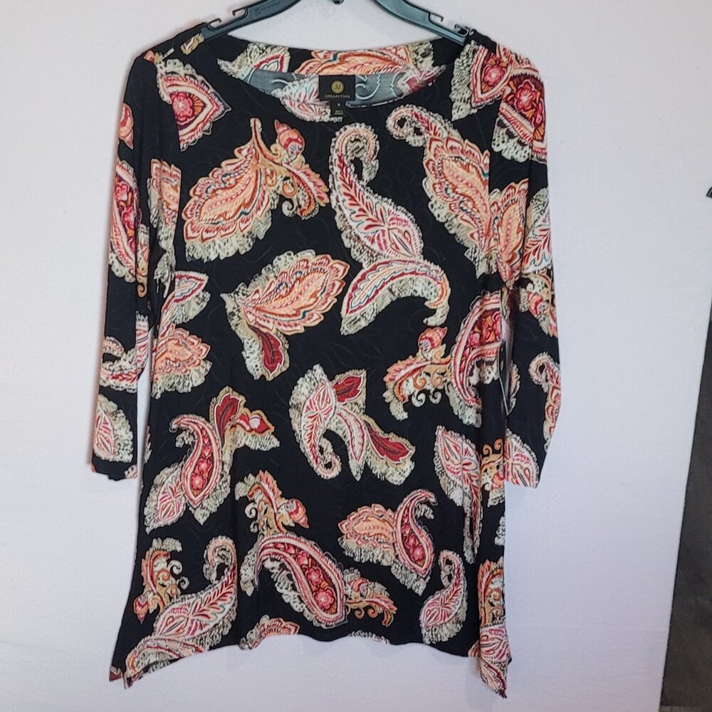 NWT Tunic Blouse Medium JM COLLLECTION 3/4 Sleeve Jacquard Knit Deep Blk Floral